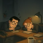 Ein Mann und eine Frau liegen mit den Oberkörpern auf ihren Schreibtischen und schlafen.